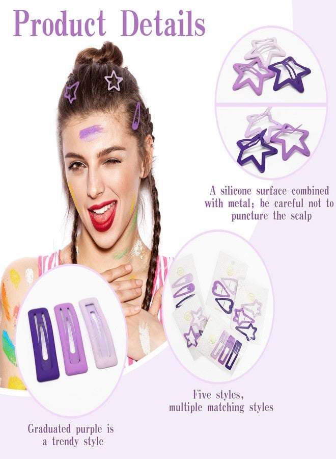 Frutain 15 PCS Purple Snap Hair Clips for Women - No Slip Metal Barrettes Cute Geometric Pattern Hairpins with 5 Shapes (Star, Heart, Water Drop, Rectangular, Meteor) - Image 2